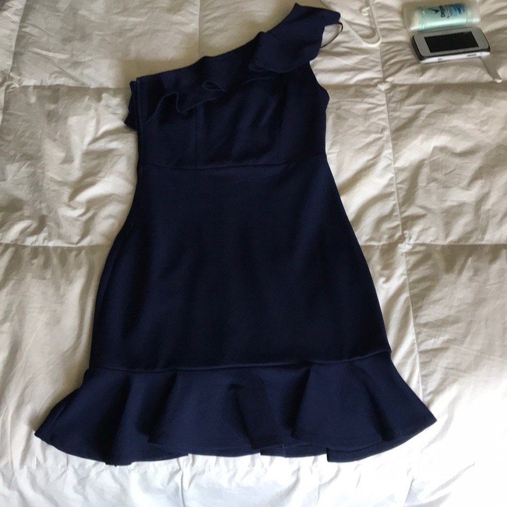B darlin one shoulder ruffle navy dress